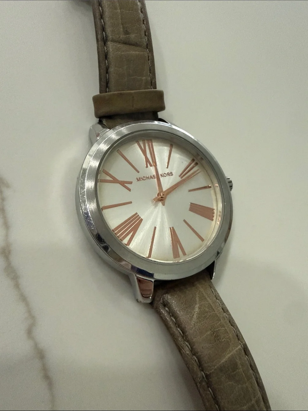 Michael Kors Silver Case Watch with Taupe Leather Strap and Rose-Gold Accents